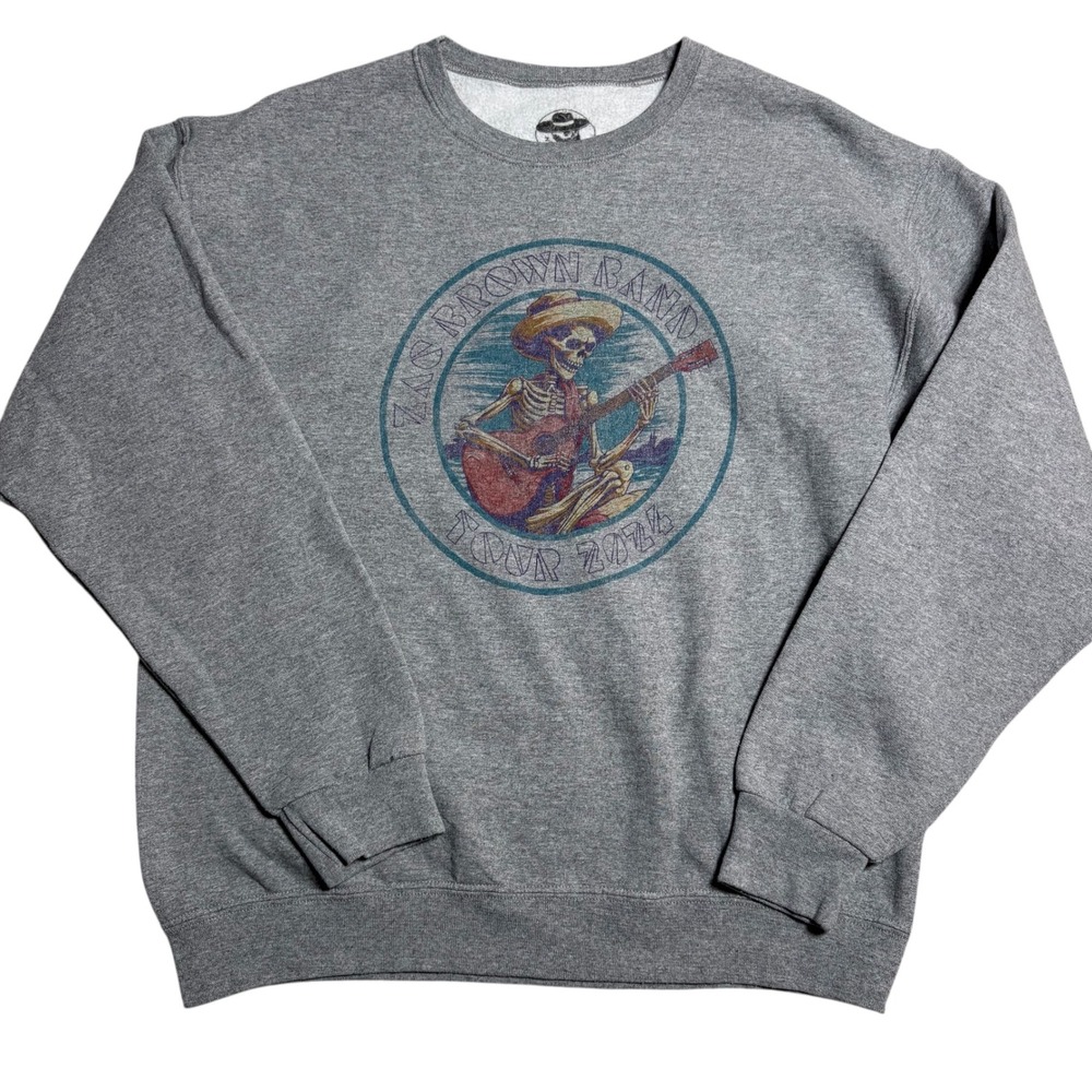 Zac Brown Band Tour 2024 Skeleton Guitarist Graphic Sweatshirt Unisex Large Gray